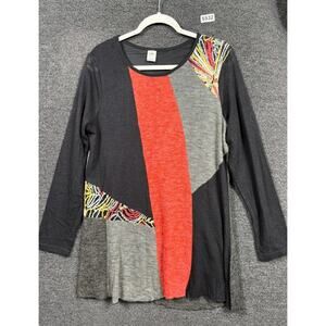 This & That Patchwork Top Womens Sz XL Black Long Sleeve Scoop Neck Boho Blouse